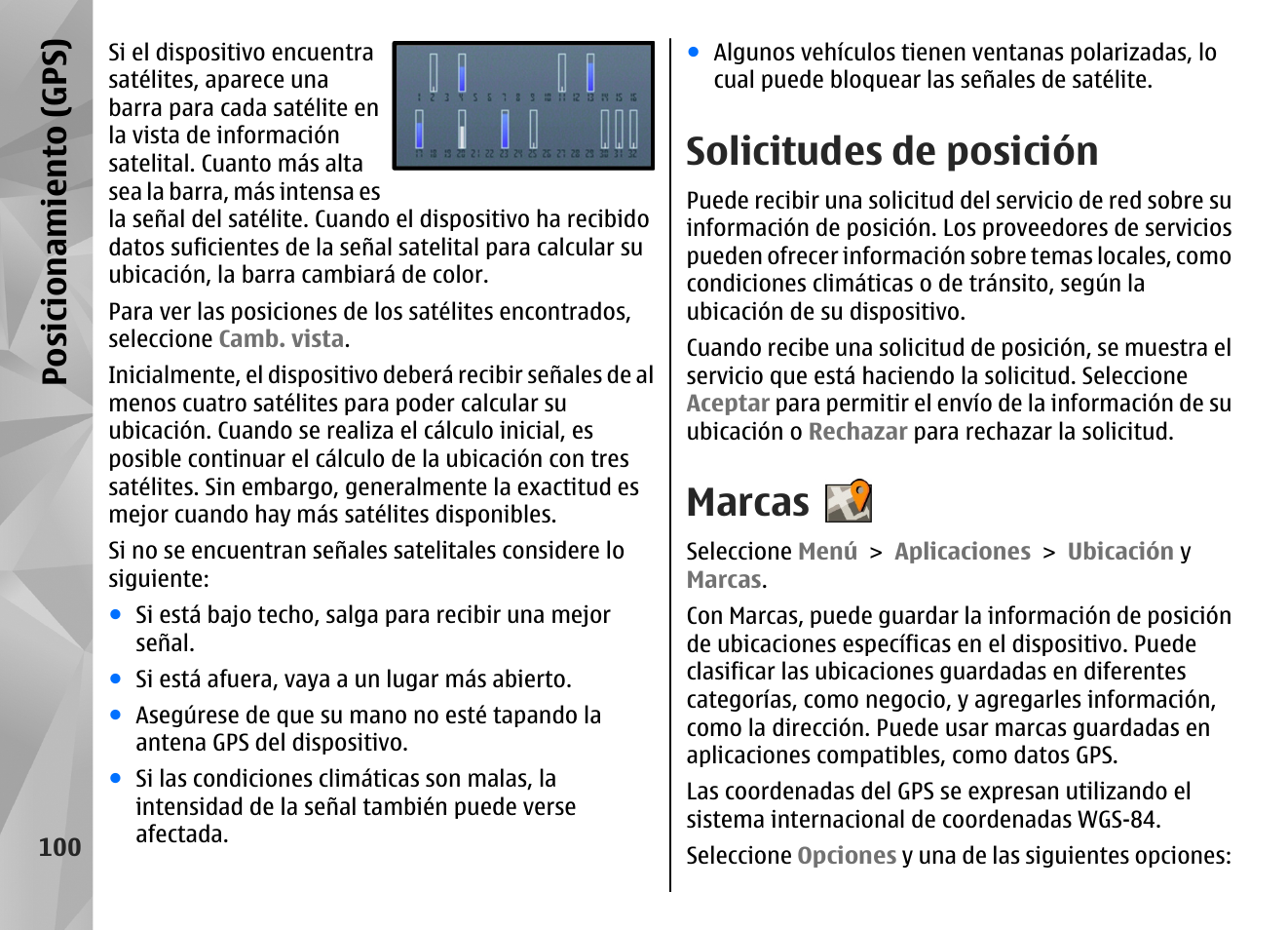 Solicitudes de posición, Marcas, Posicionamiento (gps) | Nokia N97 User Manual | Page 268 / 357