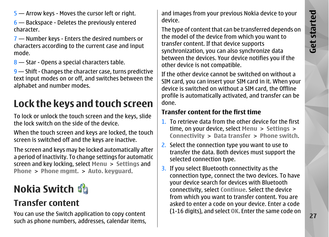 Lock the keys and touch screen, Nokia switch, Transfer content | Get started | Nokia N97 User Manual | Page 27 / 357