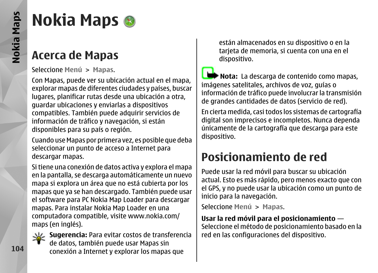 Nokia maps, Acerca de mapas, Posicionamiento de red | Nokia N97 User Manual | Page 272 / 357