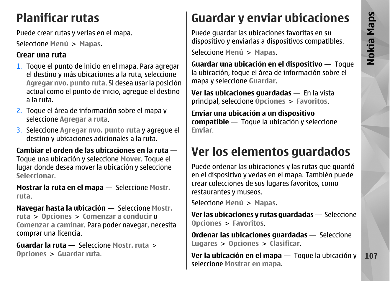 Planificar rutas, Guardar y enviar ubicaciones, Ver los elementos guardados | Nokia maps | Nokia N97 User Manual | Page 275 / 357