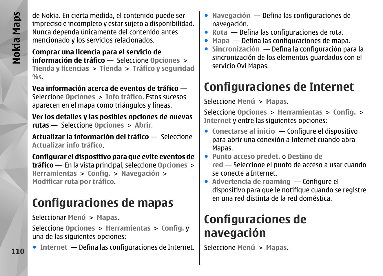 Configuraciones de mapas, Configuraciones de internet, Configuraciones de navegación | Nokia maps | Nokia N97 User Manual | Page 278 / 357