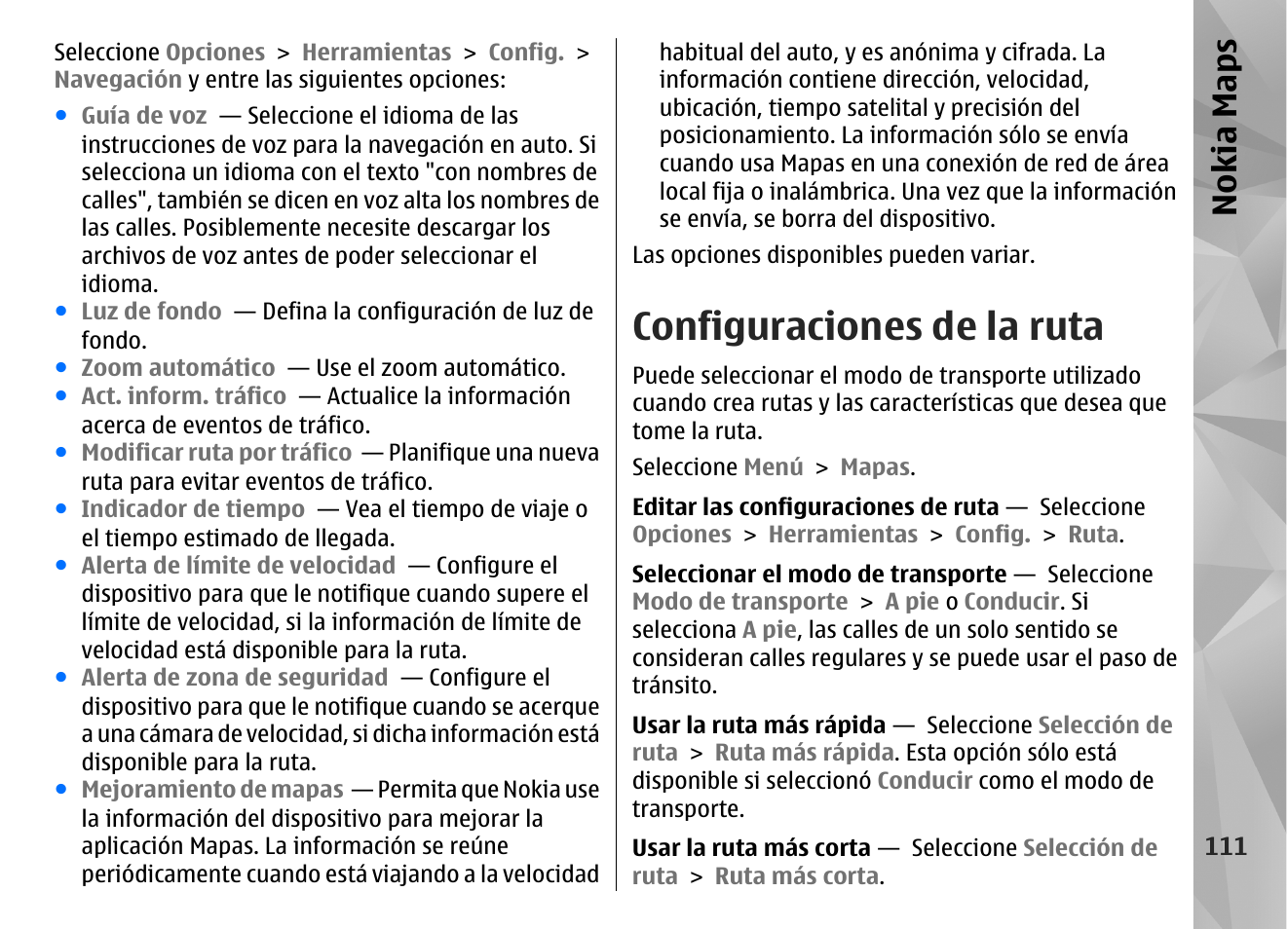 Configuraciones de la ruta, Nokia maps | Nokia N97 User Manual | Page 279 / 357