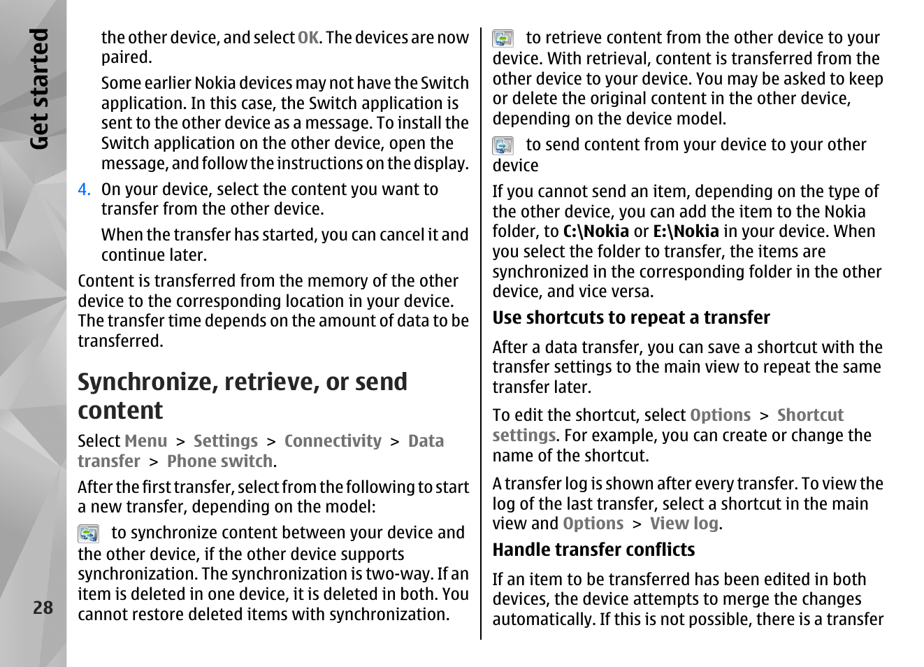Synchronize, retrieve, or send content, Get started | Nokia N97 User Manual | Page 28 / 357