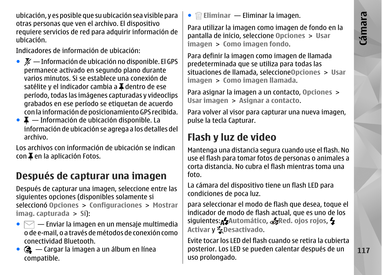 Después de capturar una imagen, Flash y luz de video, Cá mara | Nokia N97 User Manual | Page 285 / 357