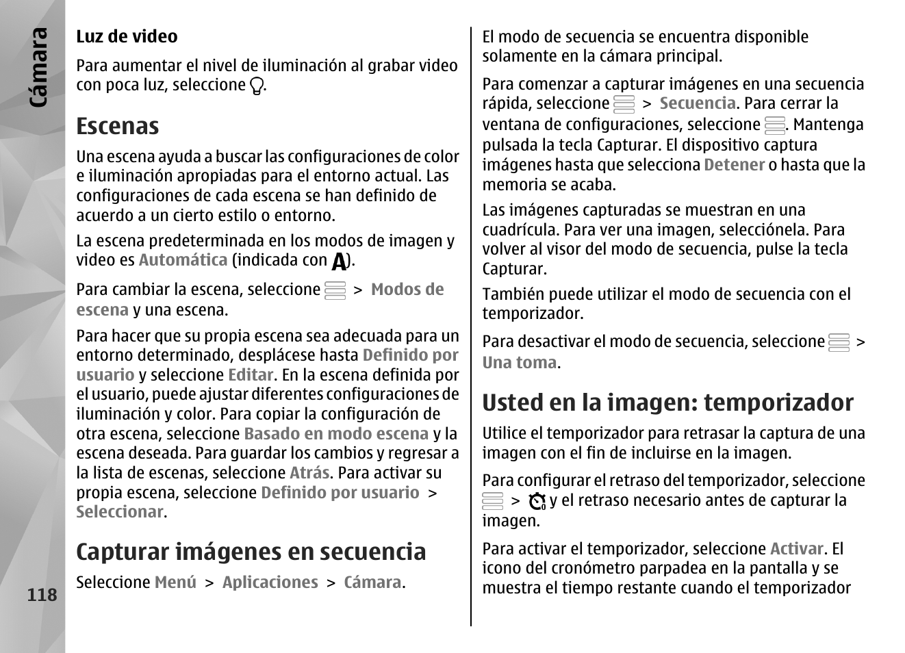 Escenas, Capturar imágenes en secuencia, Usted en la imagen: temporizador | Cá mara | Nokia N97 User Manual | Page 286 / 357