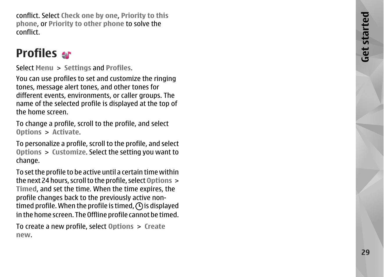 Profiles, Get started | Nokia N97 User Manual | Page 29 / 357