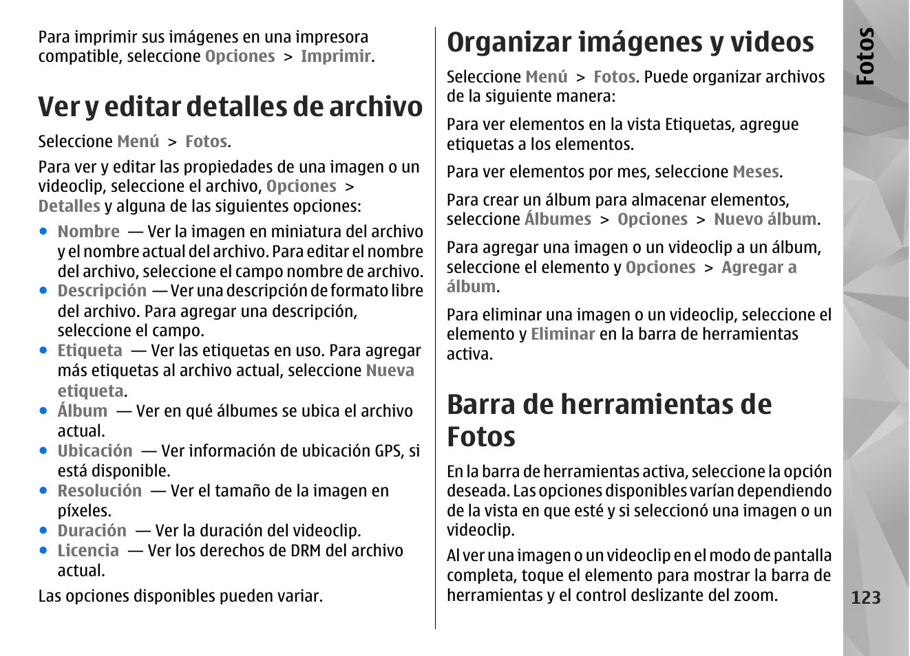 Ver y editar detalles de archivo, Organizar imágenes y videos, Barra de herramientas de fotos | Fo to s | Nokia N97 User Manual | Page 291 / 357