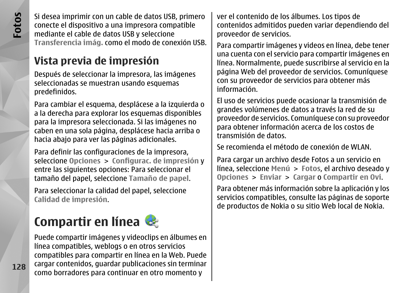 Vista previa de impresión, Compartir en línea, Fo to s | Nokia N97 User Manual | Page 296 / 357