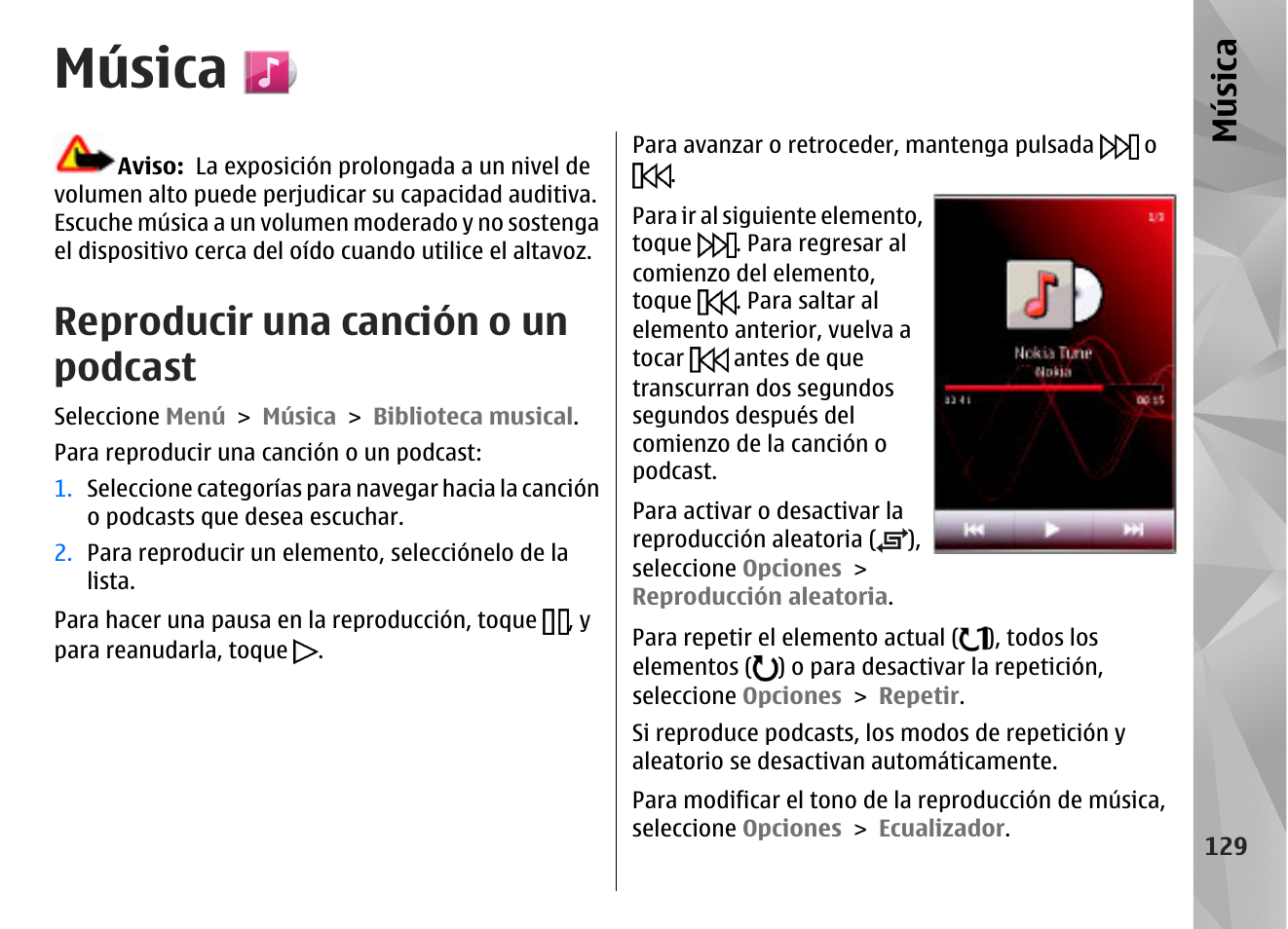 Música, Reproducir una canción o un podcast | Nokia N97 User Manual | Page 297 / 357