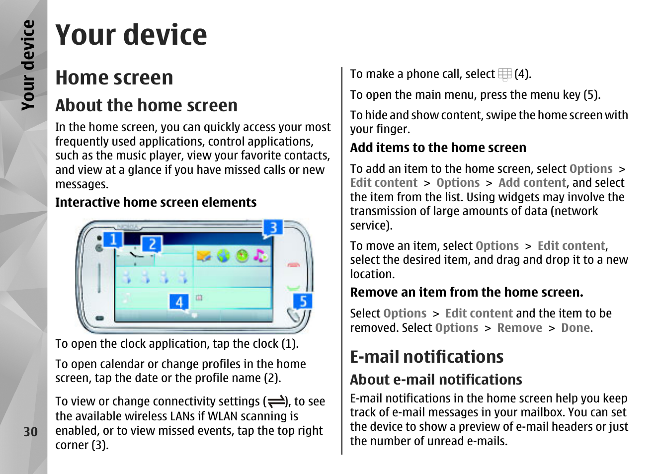 Your device, Home screen, About the home screen | E-mail notifications, About e-mail notifications | Nokia N97 User Manual | Page 30 / 357