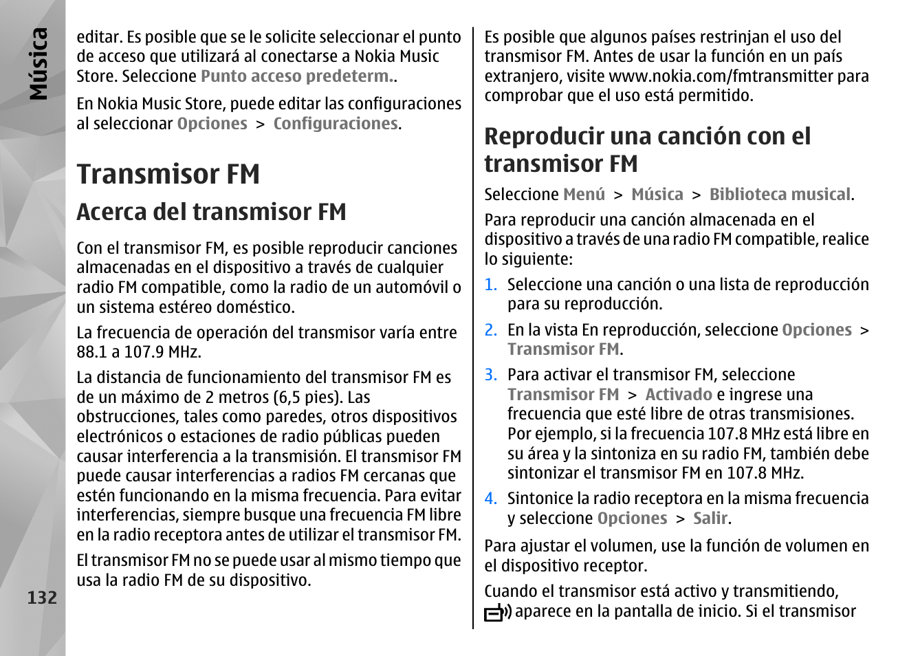 Transmisor fm, Acerca del transmisor fm, Reproducir una canción con el transmisor fm | Música | Nokia N97 User Manual | Page 300 / 357