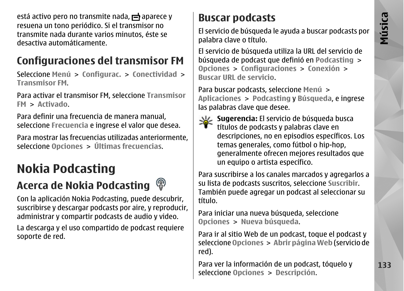 Configuraciones del transmisor fm, Nokia podcasting, Acerca de nokia podcasting | Buscar podcasts, Música | Nokia N97 User Manual | Page 301 / 357