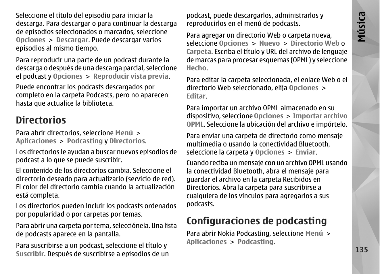 Directorios, Configuraciones de podcasting, Música | Nokia N97 User Manual | Page 303 / 357