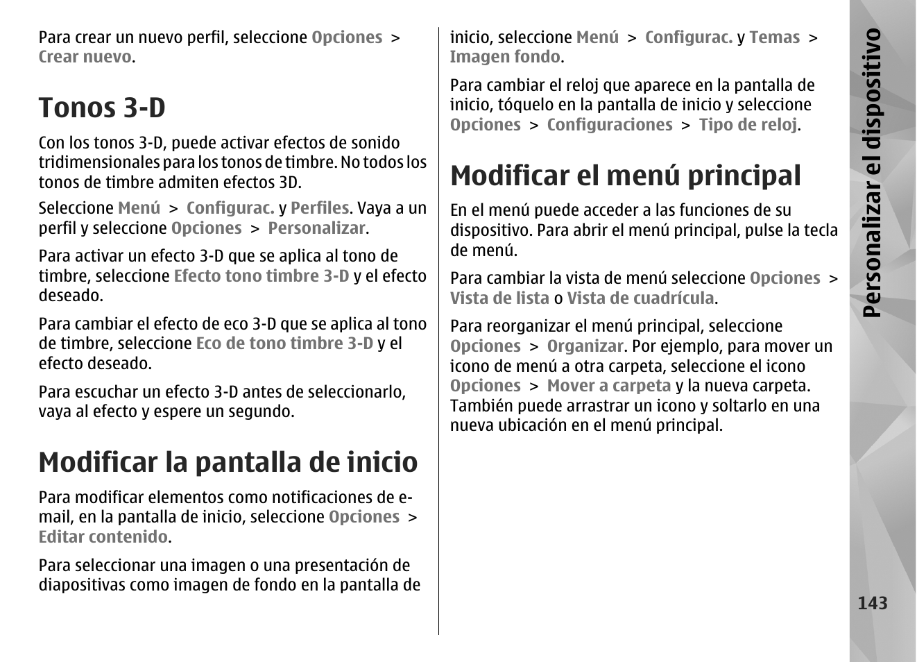 Tonos 3-d, Modificar la pantalla de inicio, Modificar el menú principal | Pers ona liza r el dis pos itivo | Nokia N97 User Manual | Page 311 / 357