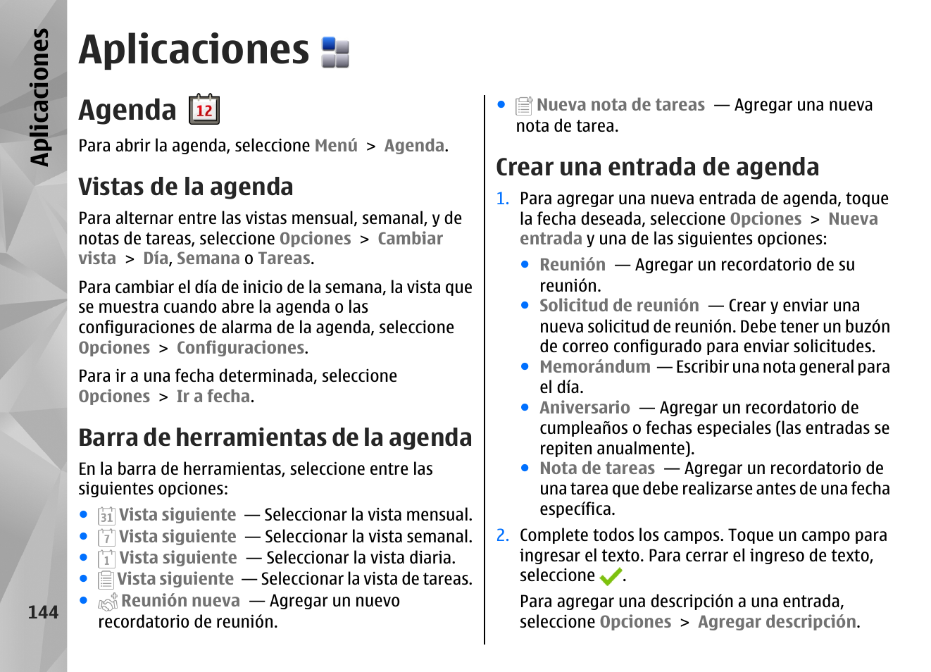 Aplicaciones, Agenda, Vistas de la agenda | Barra de herramientas de la agenda, Crear una entrada de agenda, Apl icaci ones | Nokia N97 User Manual | Page 312 / 357