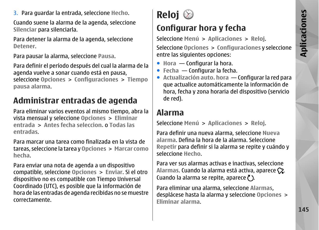 Administrar entradas de agenda, Reloj, Configurar hora y fecha | Alarma, Apl icaci ones | Nokia N97 User Manual | Page 313 / 357