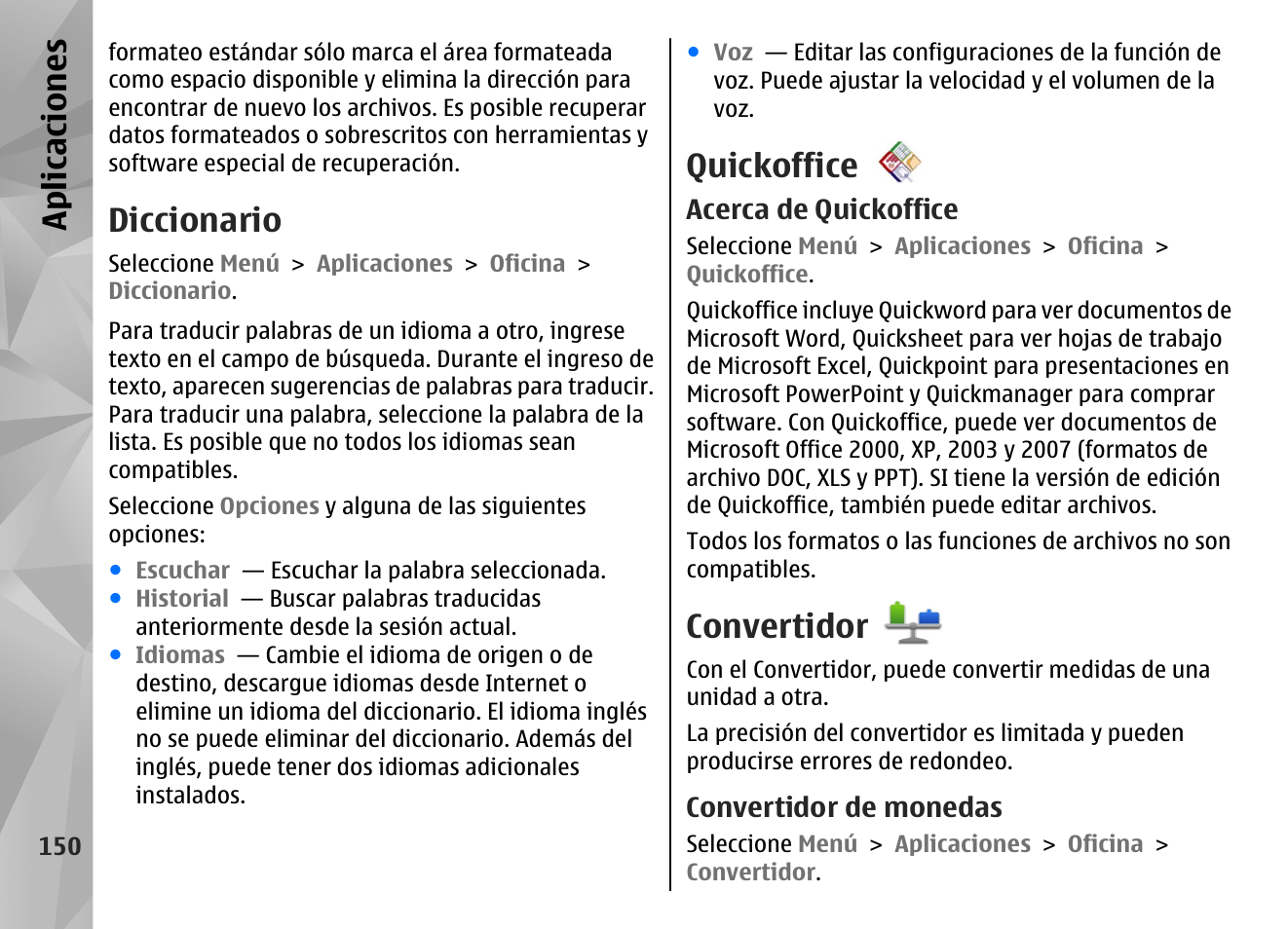 Diccionario, Quickoffice, Acerca de quickoffice | Convertidor, Convertidor de monedas, Apl icaci ones | Nokia N97 User Manual | Page 318 / 357