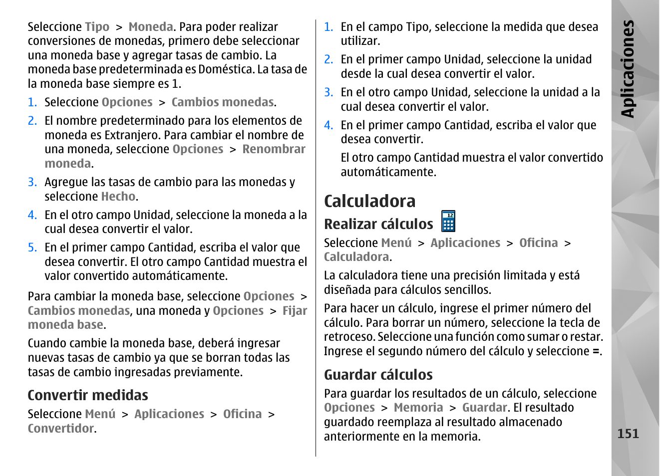 Convertir medidas, Calculadora, Realizar cálculos | Guardar cálculos, Apl icaci ones | Nokia N97 User Manual | Page 319 / 357