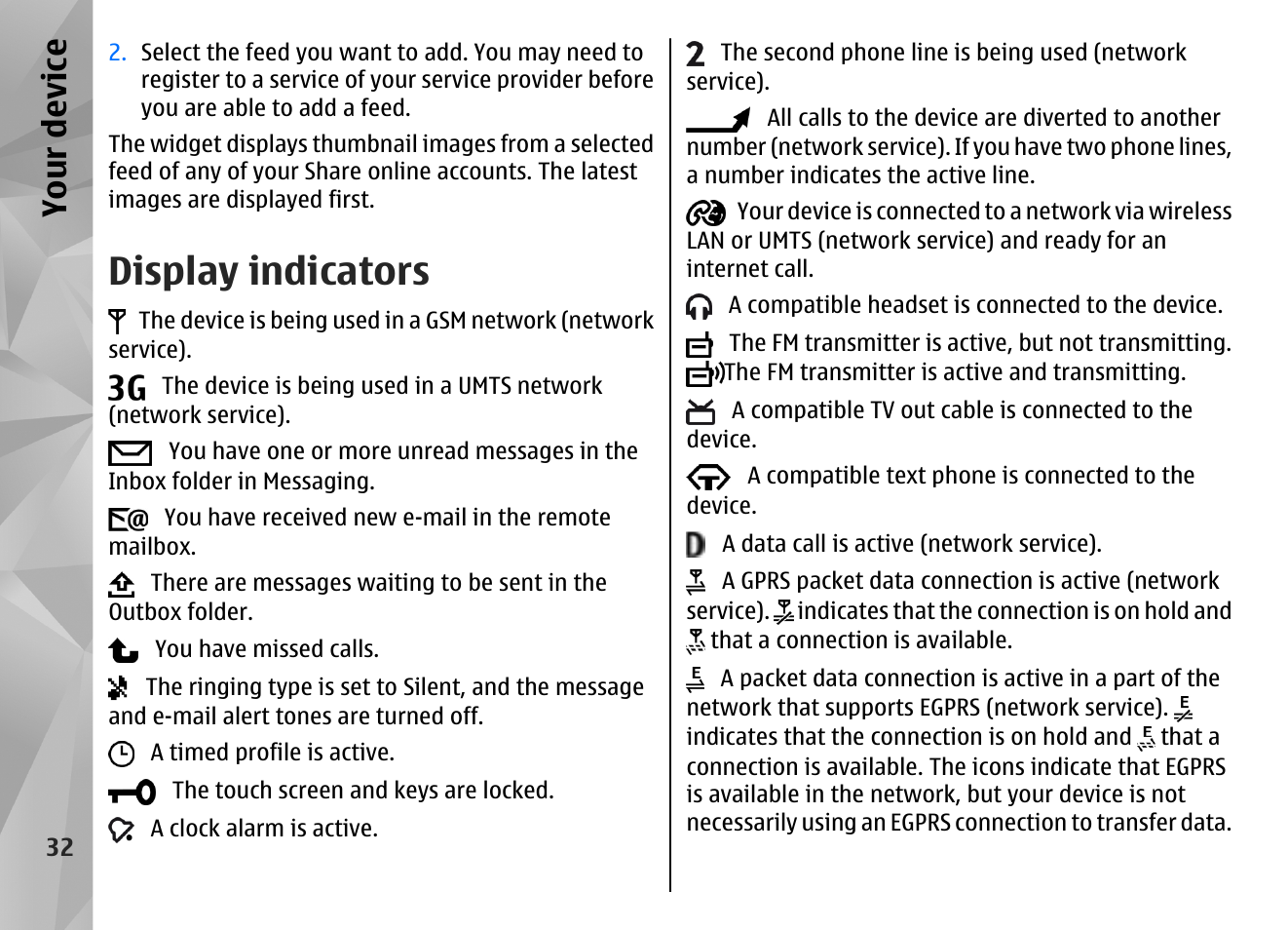 Display indicators, Your device | Nokia N97 User Manual | Page 32 / 357