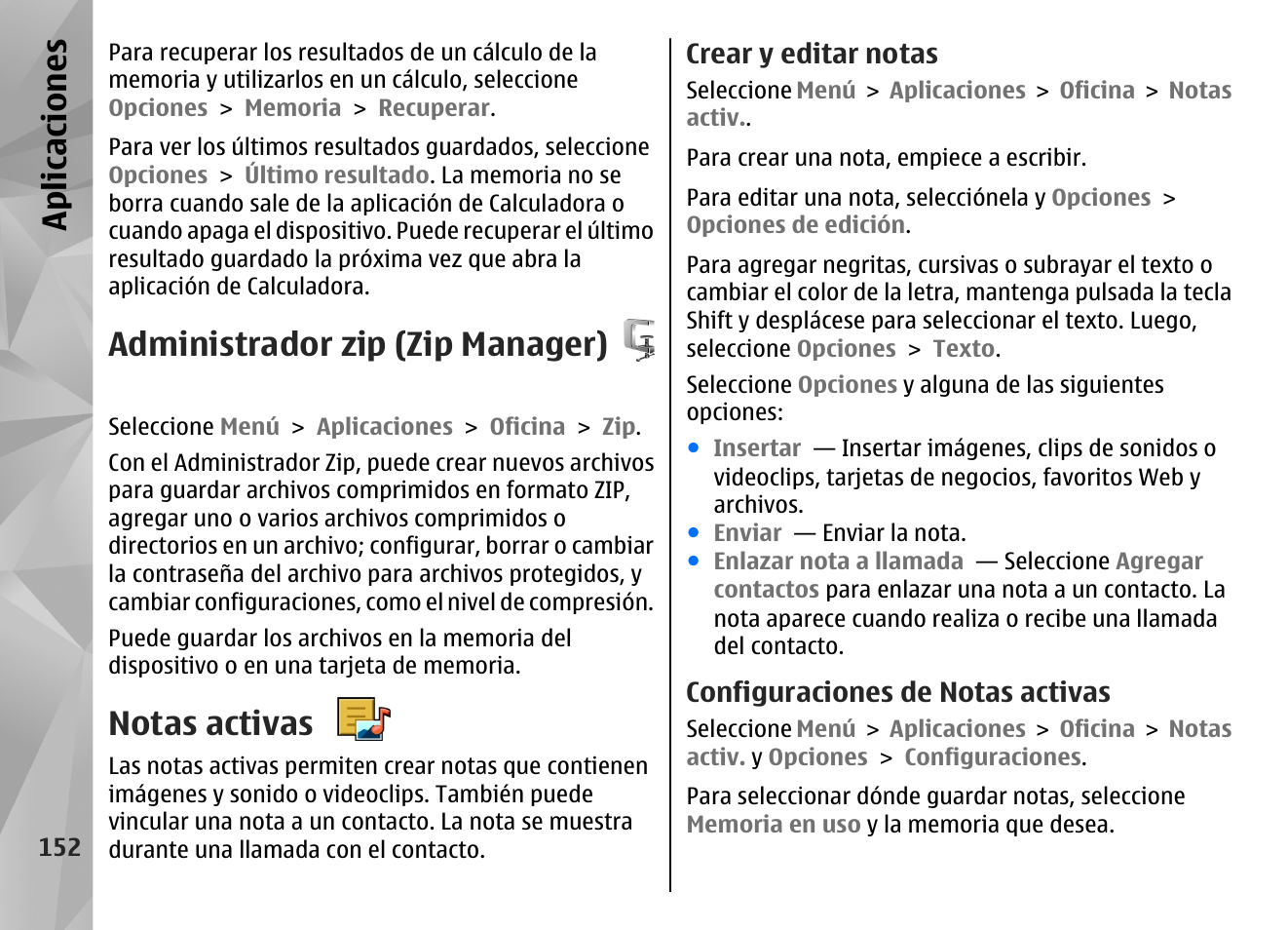 Administrador zip (zip manager), Notas activas, Crear y editar notas | Configuraciones de notas activas, Apl icaci ones | Nokia N97 User Manual | Page 320 / 357