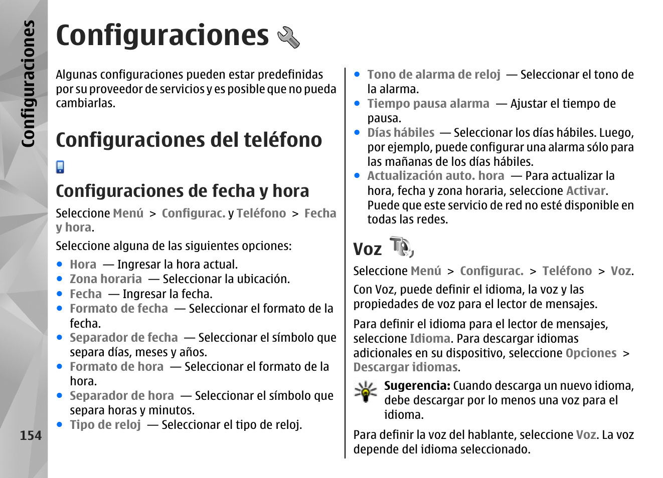 Configuraciones, Configuraciones del teléfono, Configuraciones de fecha y hora | Nokia N97 User Manual | Page 322 / 357
