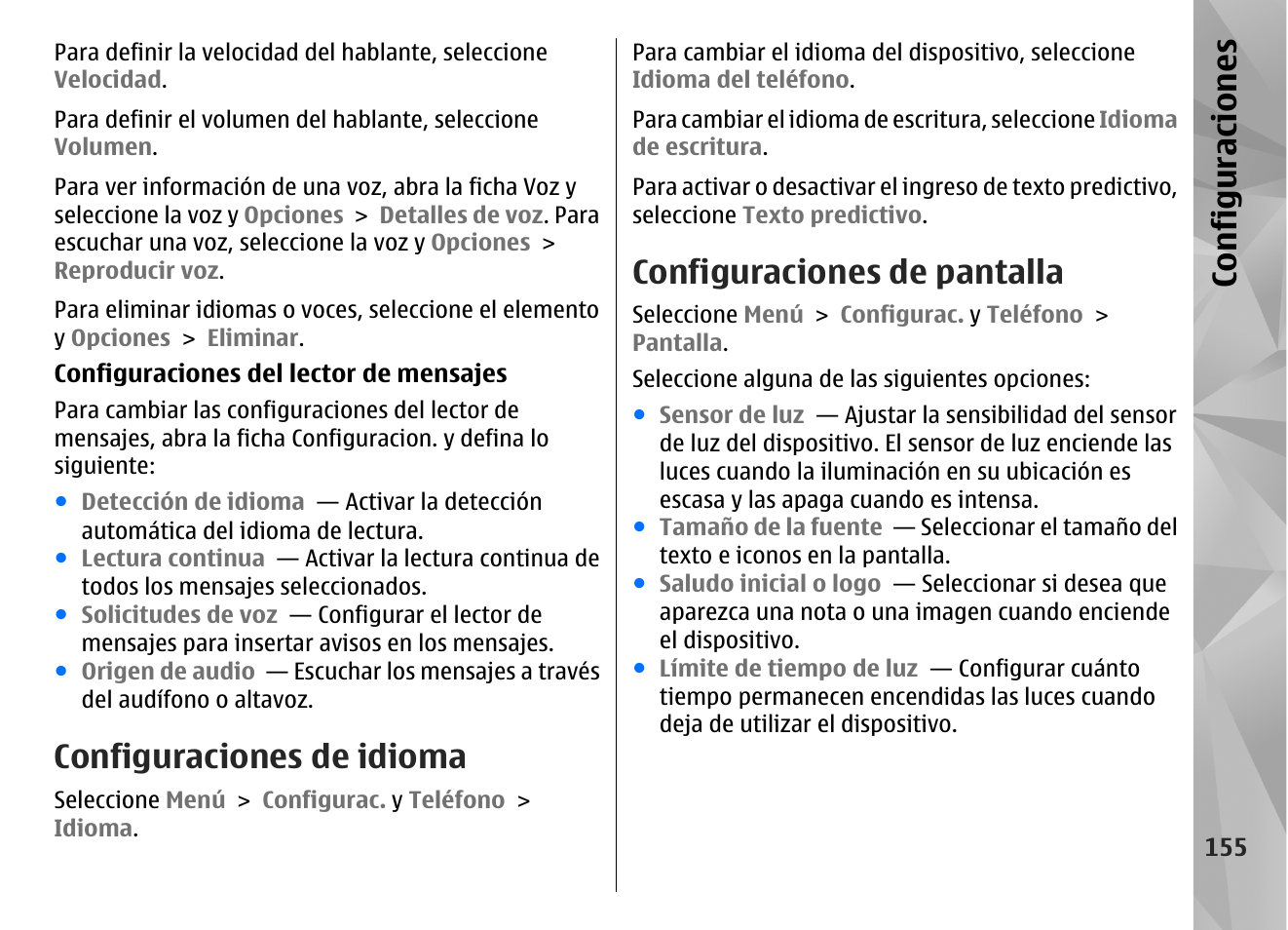 Configuraciones de idioma, Configuraciones de pantalla, Configuraciones | Nokia N97 User Manual | Page 323 / 357