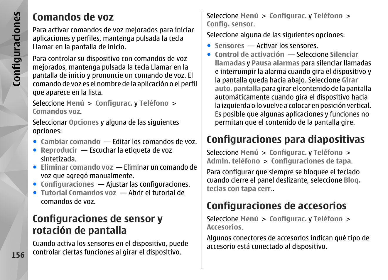 Comandos de voz, Configuraciones de sensor y rotación de pantalla, Configuraciones para diapositivas | Configuraciones de accesorios, Configuraciones | Nokia N97 User Manual | Page 324 / 357