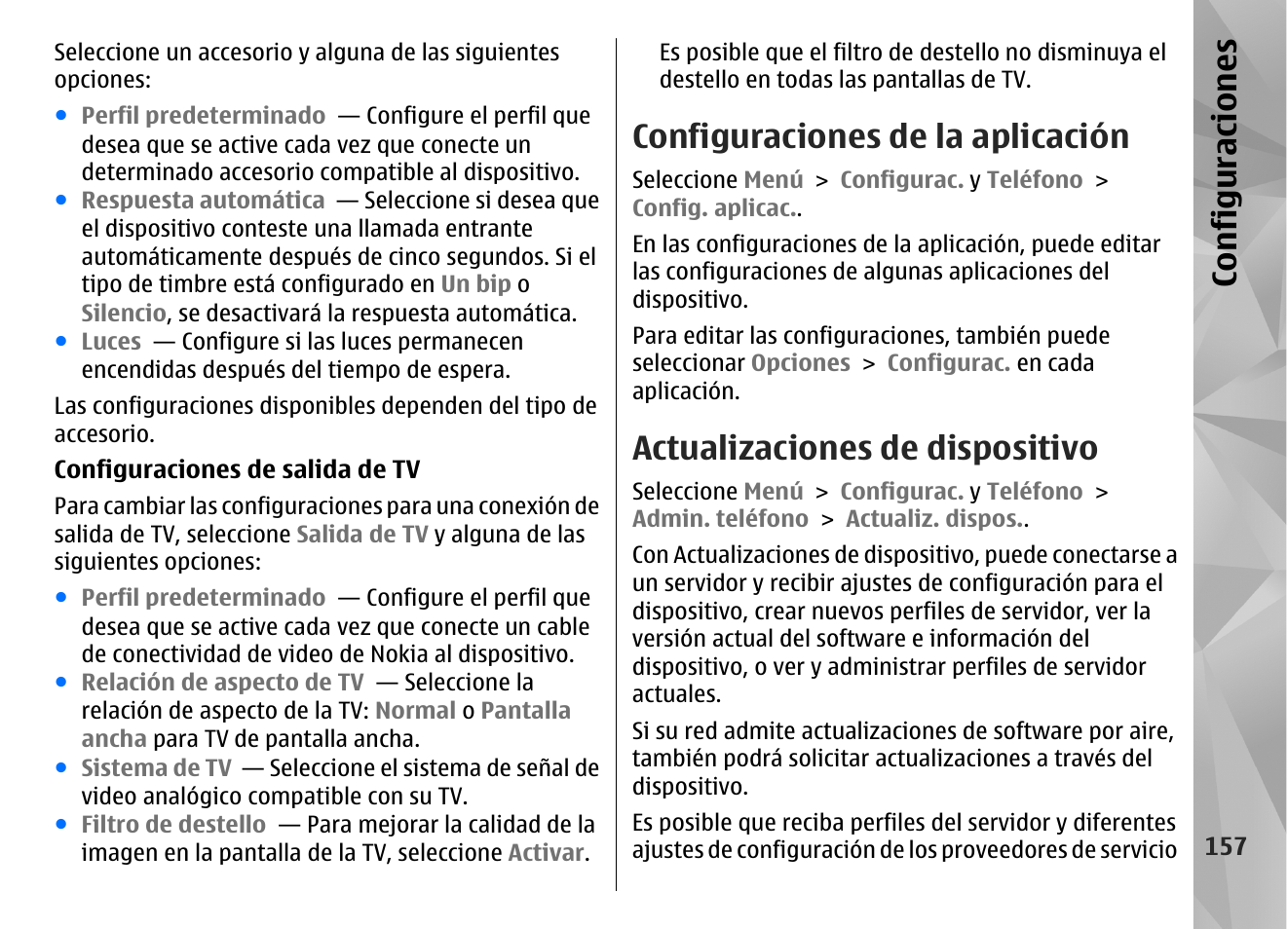 Configuraciones de la aplicación, Actualizaciones de dispositivo, Configuraciones | Nokia N97 User Manual | Page 325 / 357