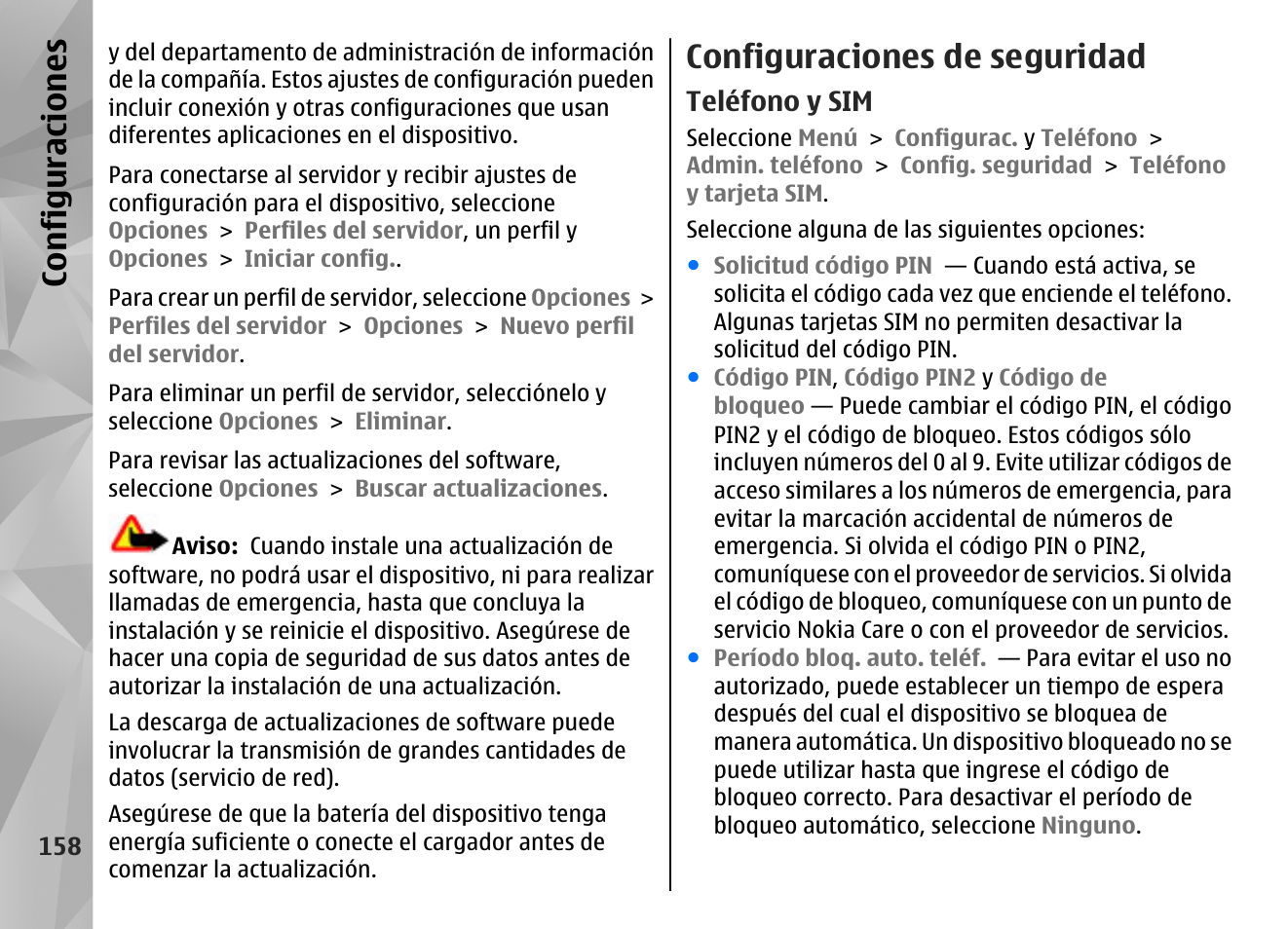 Configuraciones de seguridad, Teléfono y sim, Configuraciones | Nokia N97 User Manual | Page 326 / 357