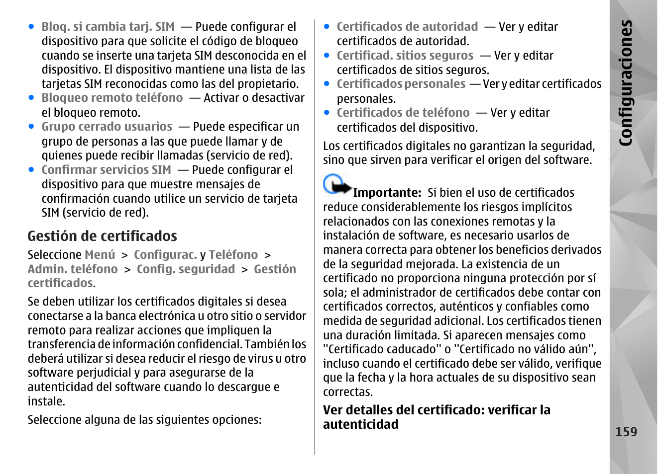 Gestión de certificados, Configuraciones | Nokia N97 User Manual | Page 327 / 357