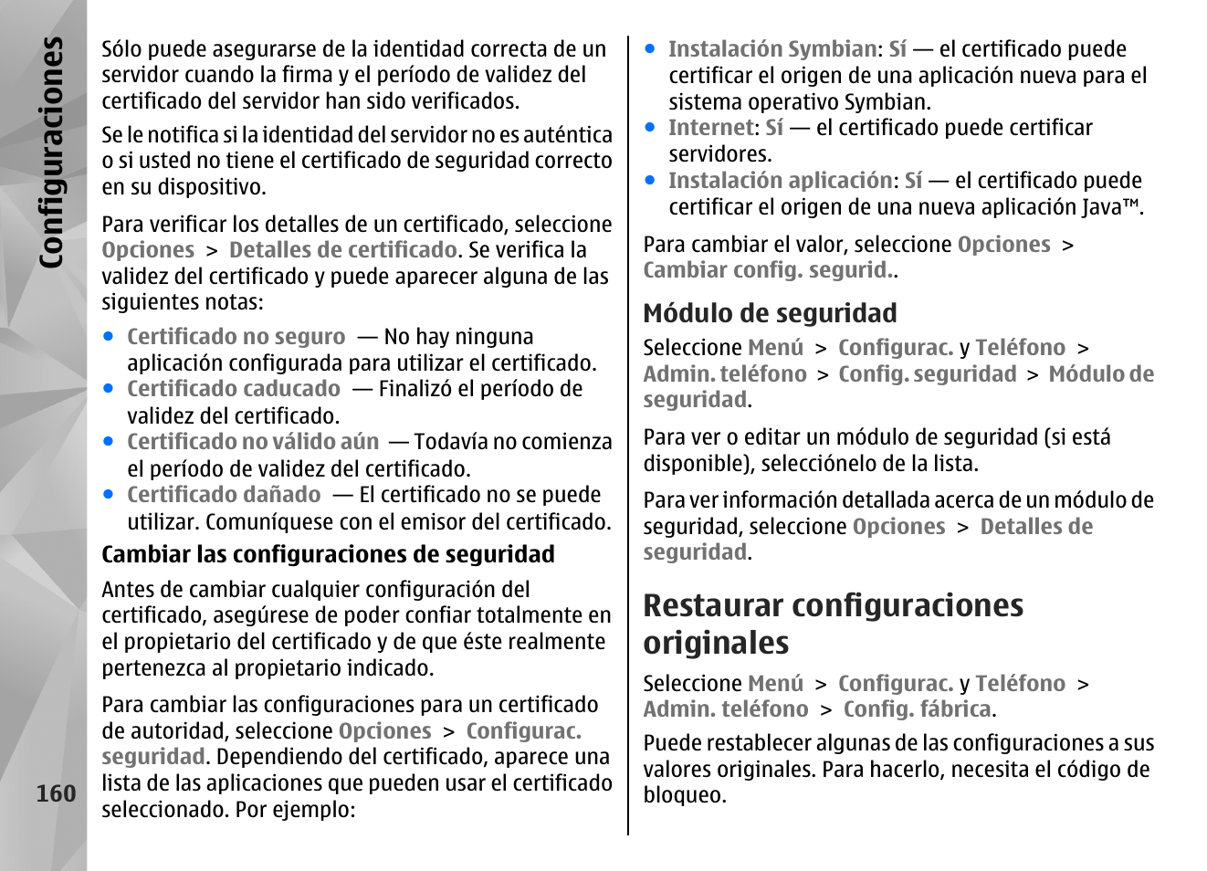 Módulo de seguridad, Restaurar configuraciones originales, Configuraciones | Nokia N97 User Manual | Page 328 / 357