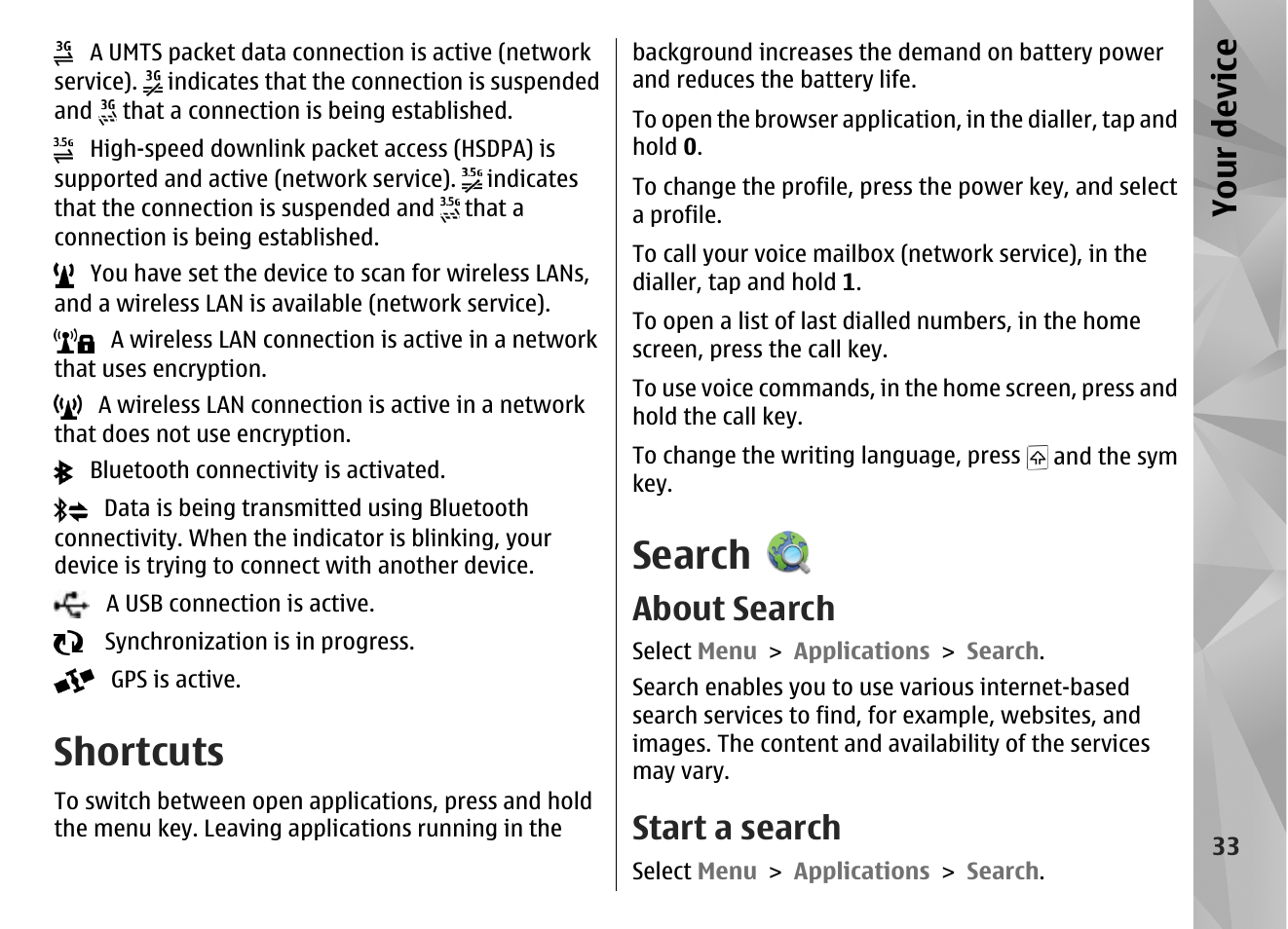 Shortcuts, Search, About search | Start a search, Your device | Nokia N97 User Manual | Page 33 / 357