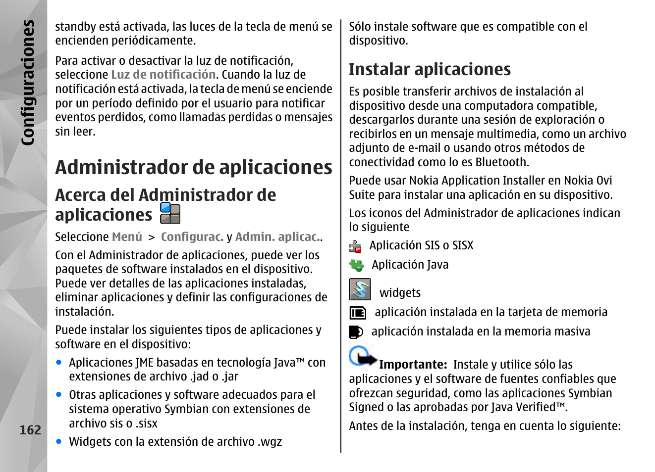 Administrador de aplicaciones, Acerca del administrador de aplicaciones, Instalar aplicaciones | Configuraciones | Nokia N97 User Manual | Page 330 / 357