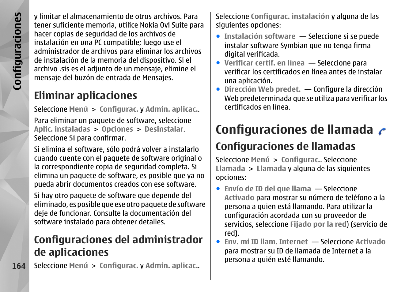 Eliminar aplicaciones, Configuraciones del administrador de aplicaciones, Configuraciones de llamada | Configuraciones de llamadas, Configuraciones | Nokia N97 User Manual | Page 332 / 357