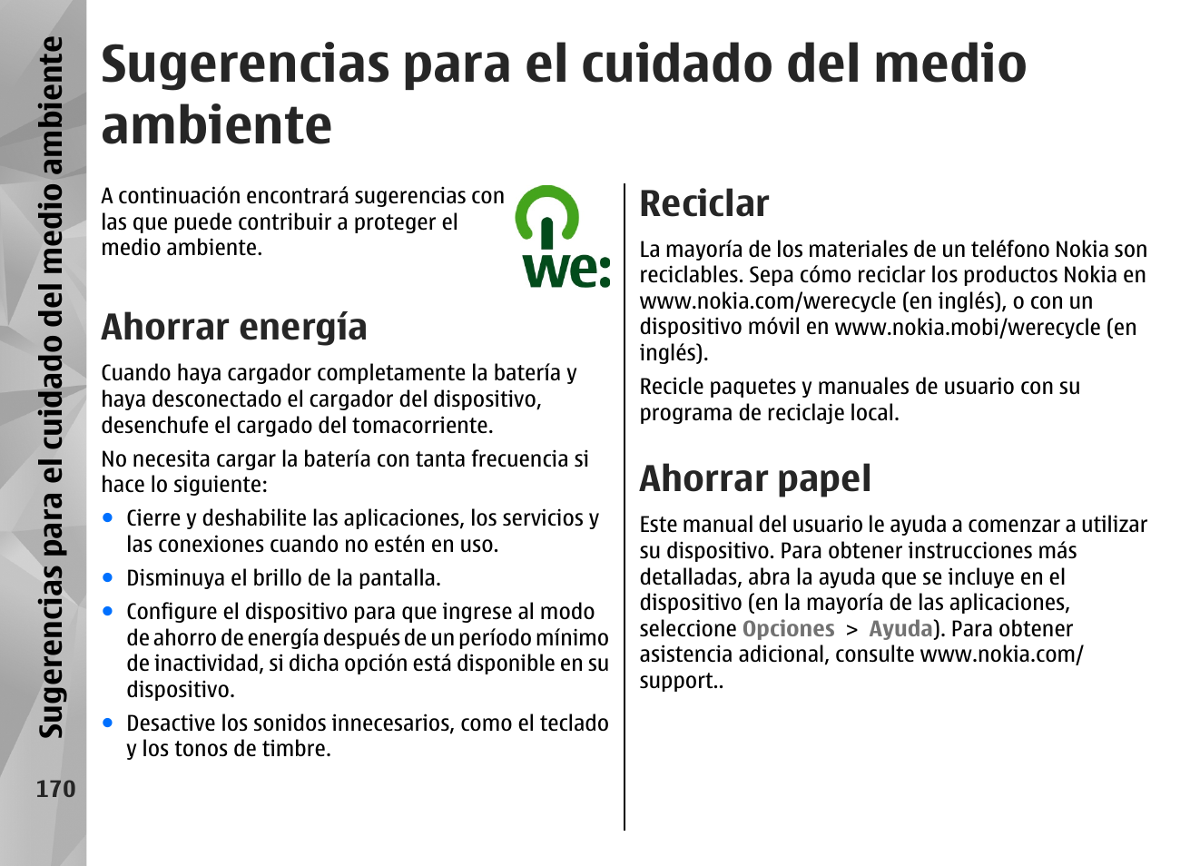 Sugerencias para el cuidado del medio ambiente, Ahorrar energía, Reciclar | Ahorrar papel, Sugerencias para el cuidado del medio, Ambiente, Sugerencias para el cu idado del medio am biente | Nokia N97 User Manual | Page 338 / 357
