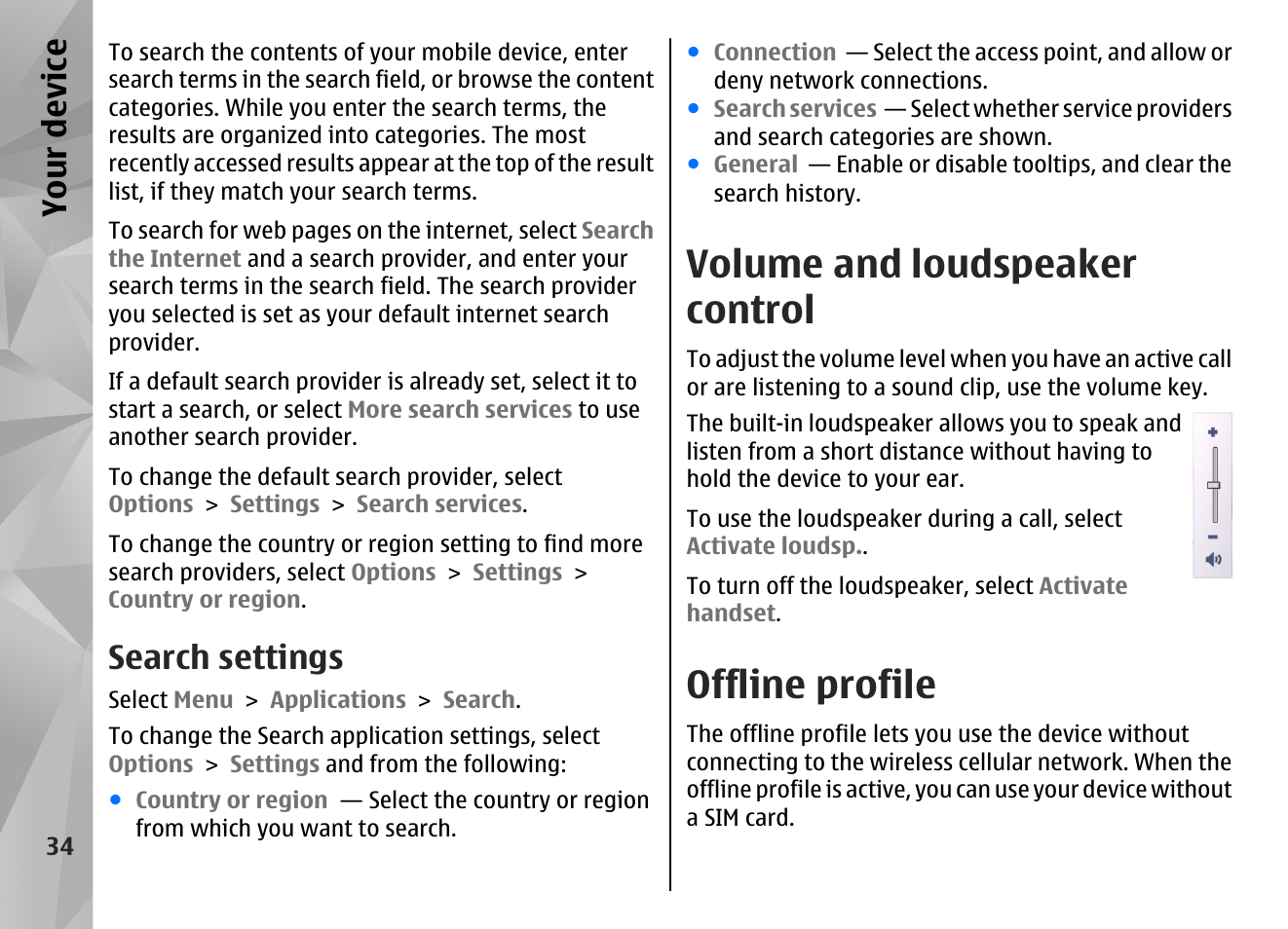 Search settings, Volume and loudspeaker control, Offline profile | Your device | Nokia N97 User Manual | Page 34 / 357