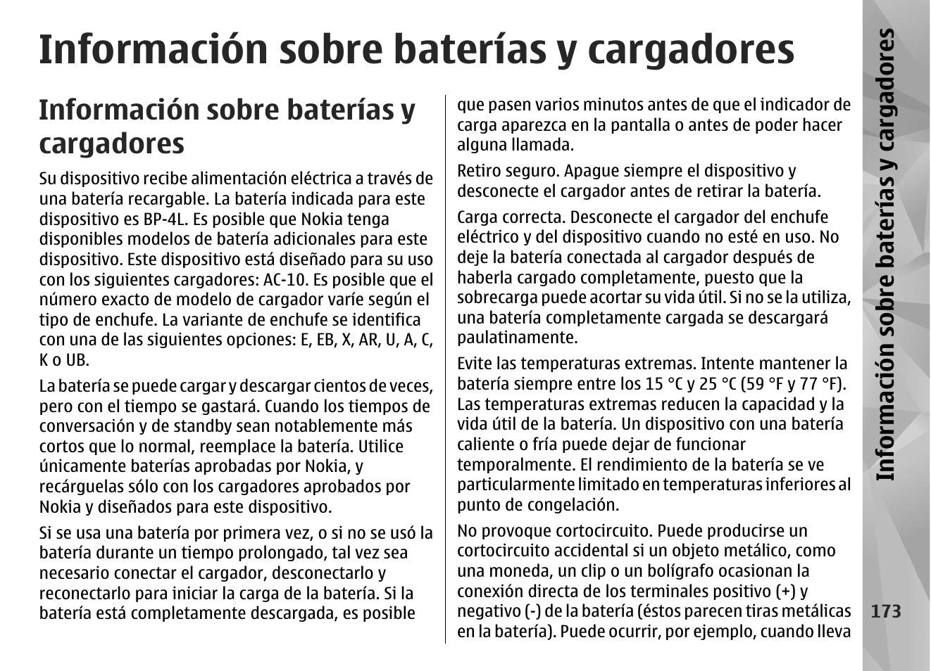 Información sobre baterías y cargadores, Informa ció n sobre ba tería s y ca rgadores | Nokia N97 User Manual | Page 341 / 357