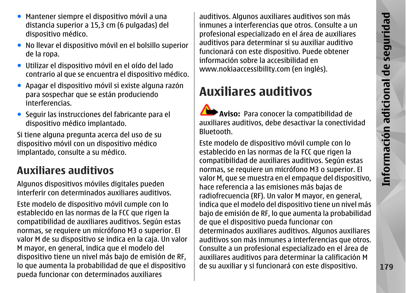 Auxiliares auditivos, Info rm ación a dic ion al de se gu ridad | Nokia N97 User Manual | Page 347 / 357