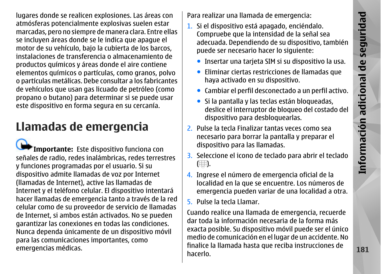 Llamadas de emergencia, Info rm ación a dic ion al de se gu ridad | Nokia N97 User Manual | Page 349 / 357