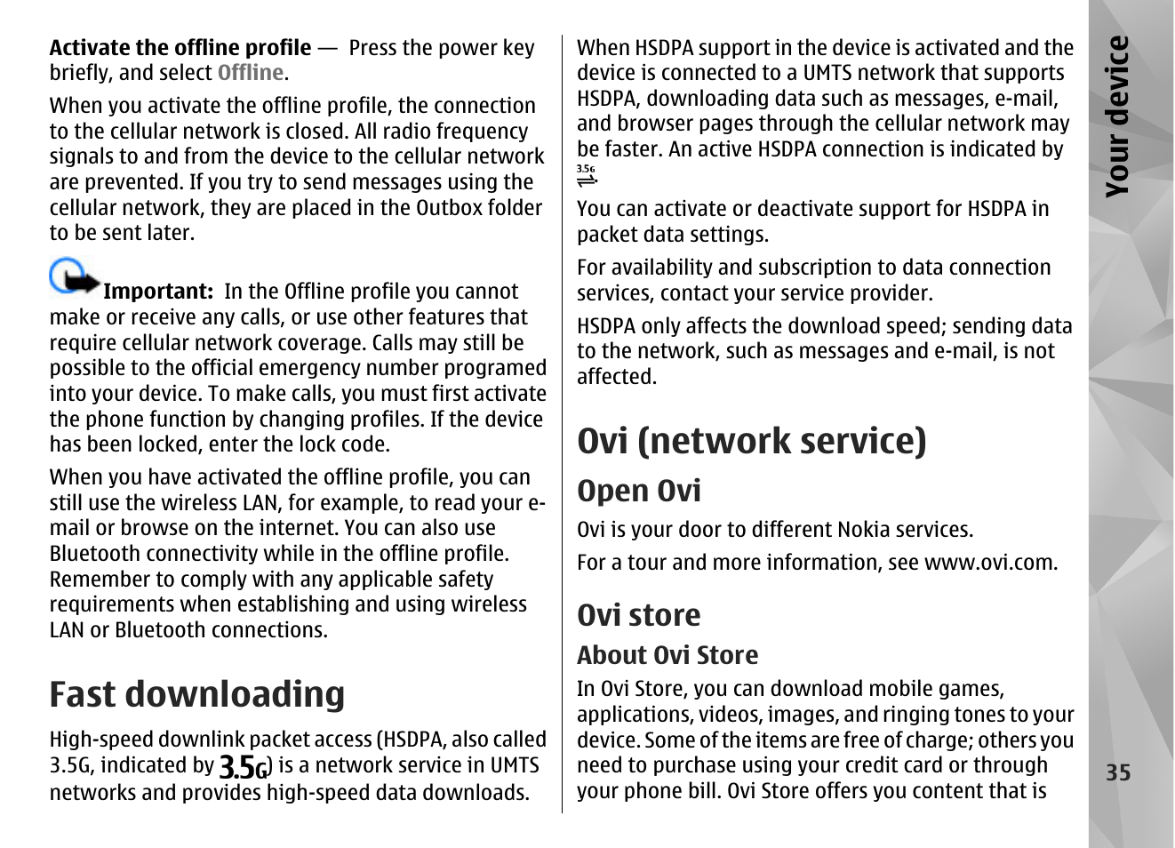 Fast downloading, Ovi (network service), Open ovi | Ovi store, About ovi store, Your device | Nokia N97 User Manual | Page 35 / 357