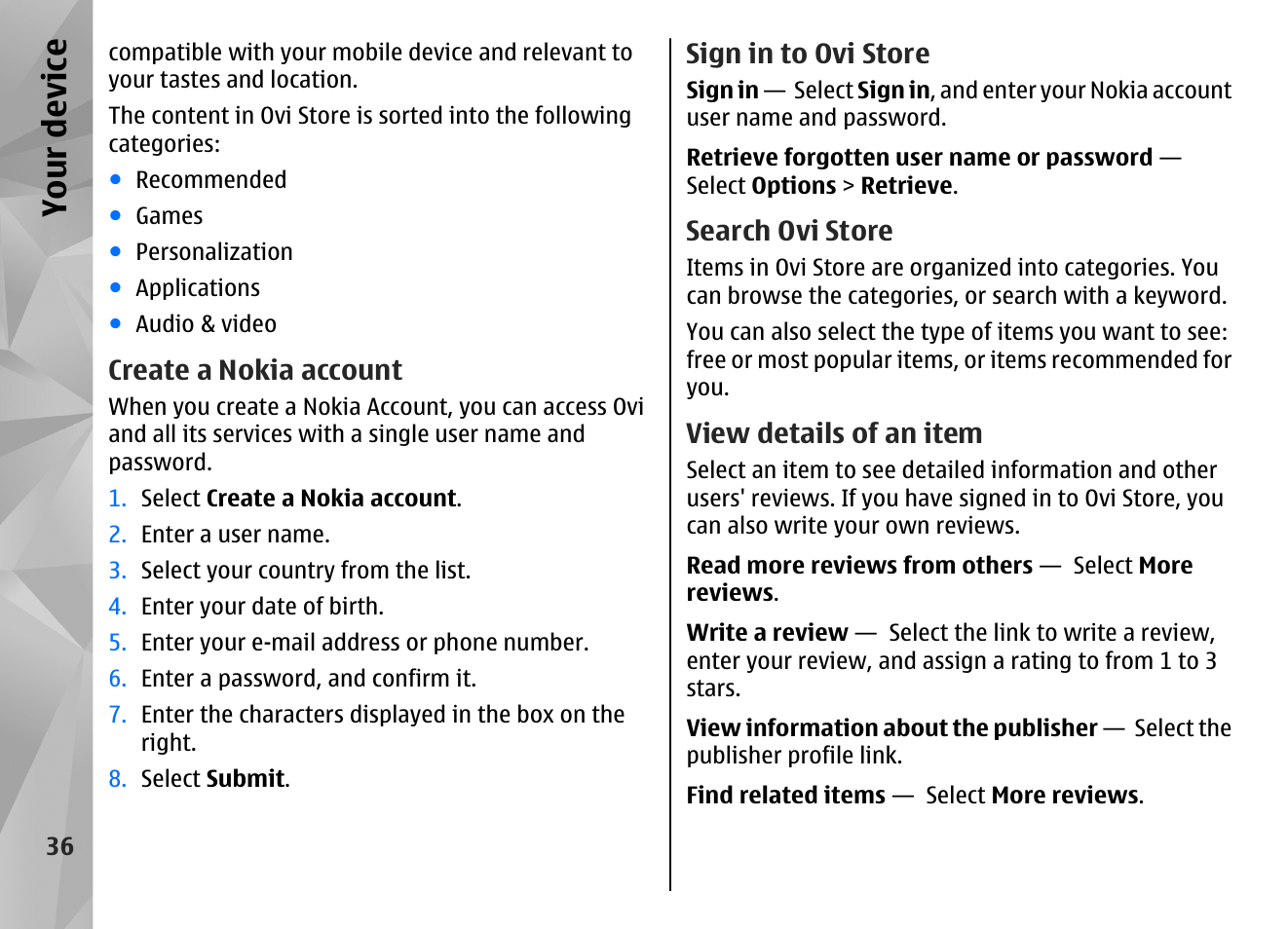 Create a nokia account, Sign in to ovi store, Search ovi store | View details of an item, Your device | Nokia N97 User Manual | Page 36 / 357