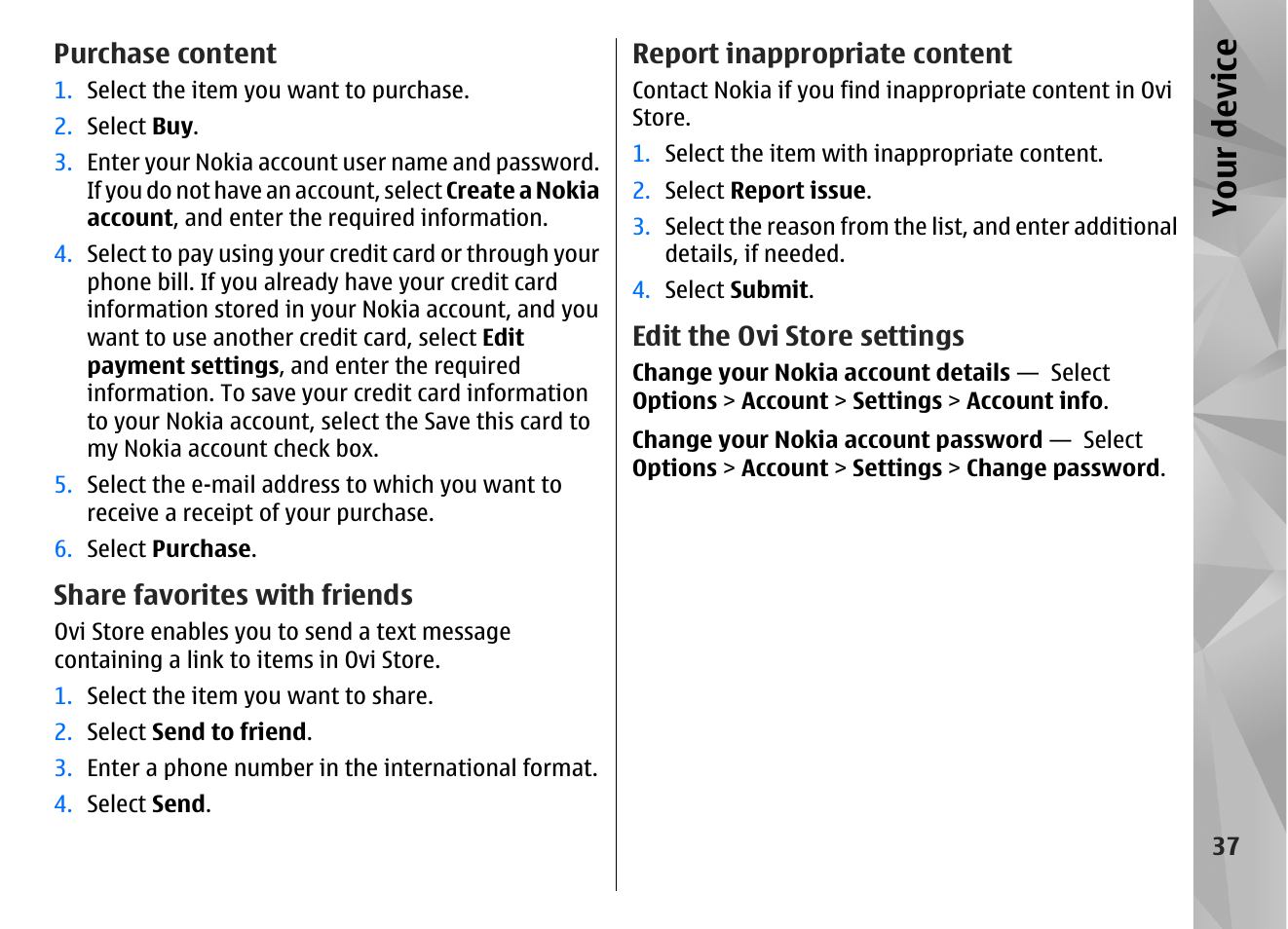 Purchase content, Share favorites with friends, Report inappropriate content | Edit the ovi store settings, Your device | Nokia N97 User Manual | Page 37 / 357