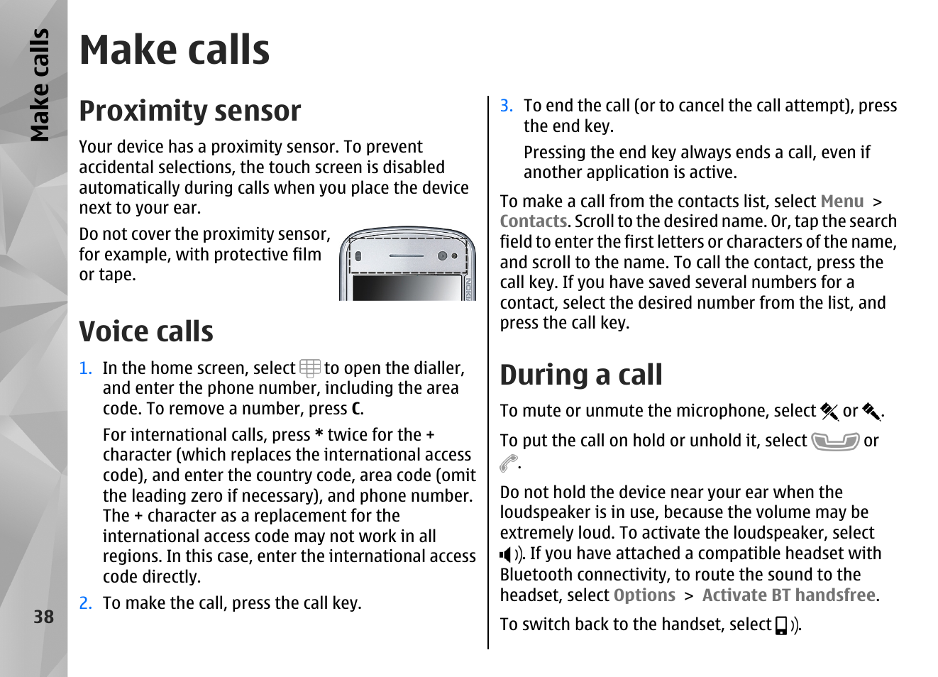 Make calls, Proximity sensor, Voice calls | During a call, Make call s | Nokia N97 User Manual | Page 38 / 357