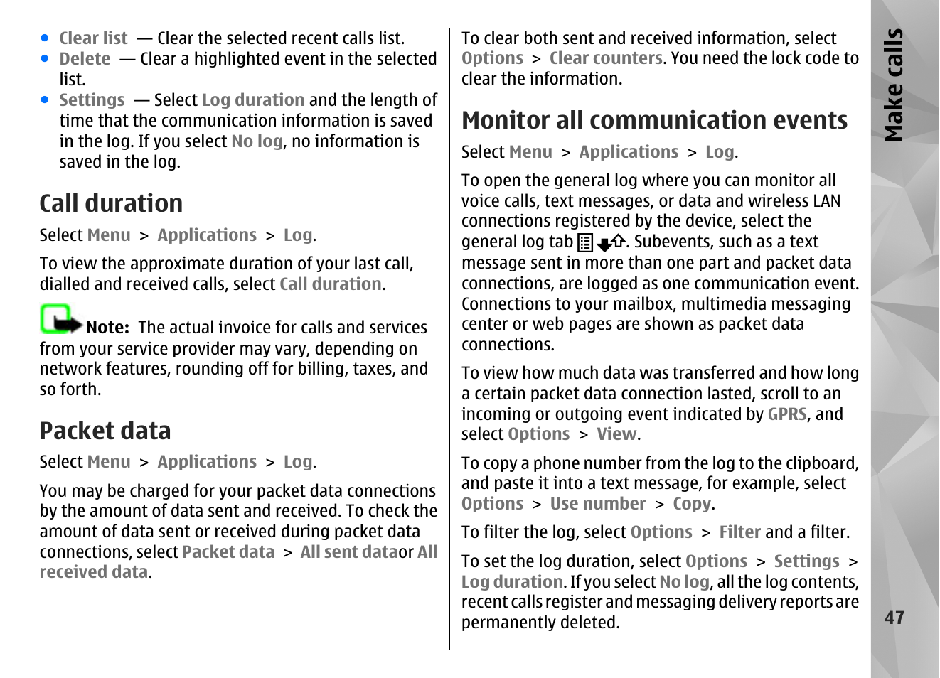 Call duration, Packet data, Monitor all communication events | Make call s | Nokia N97 User Manual | Page 47 / 357