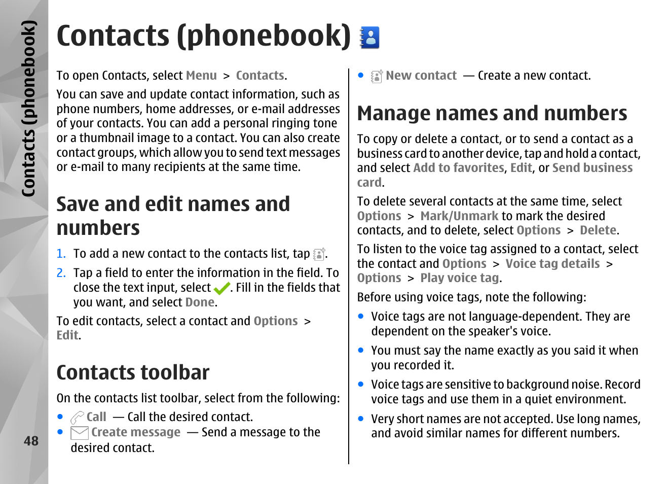 Contacts (phonebook), Save and edit names and numbers, Contacts toolbar | Manage names and numbers, Contacts (phone boo k) | Nokia N97 User Manual | Page 48 / 357