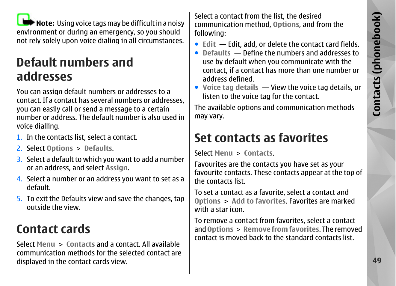 Default numbers and addresses, Contact cards, Set contacts as favorites | Contacts (phone boo k) | Nokia N97 User Manual | Page 49 / 357