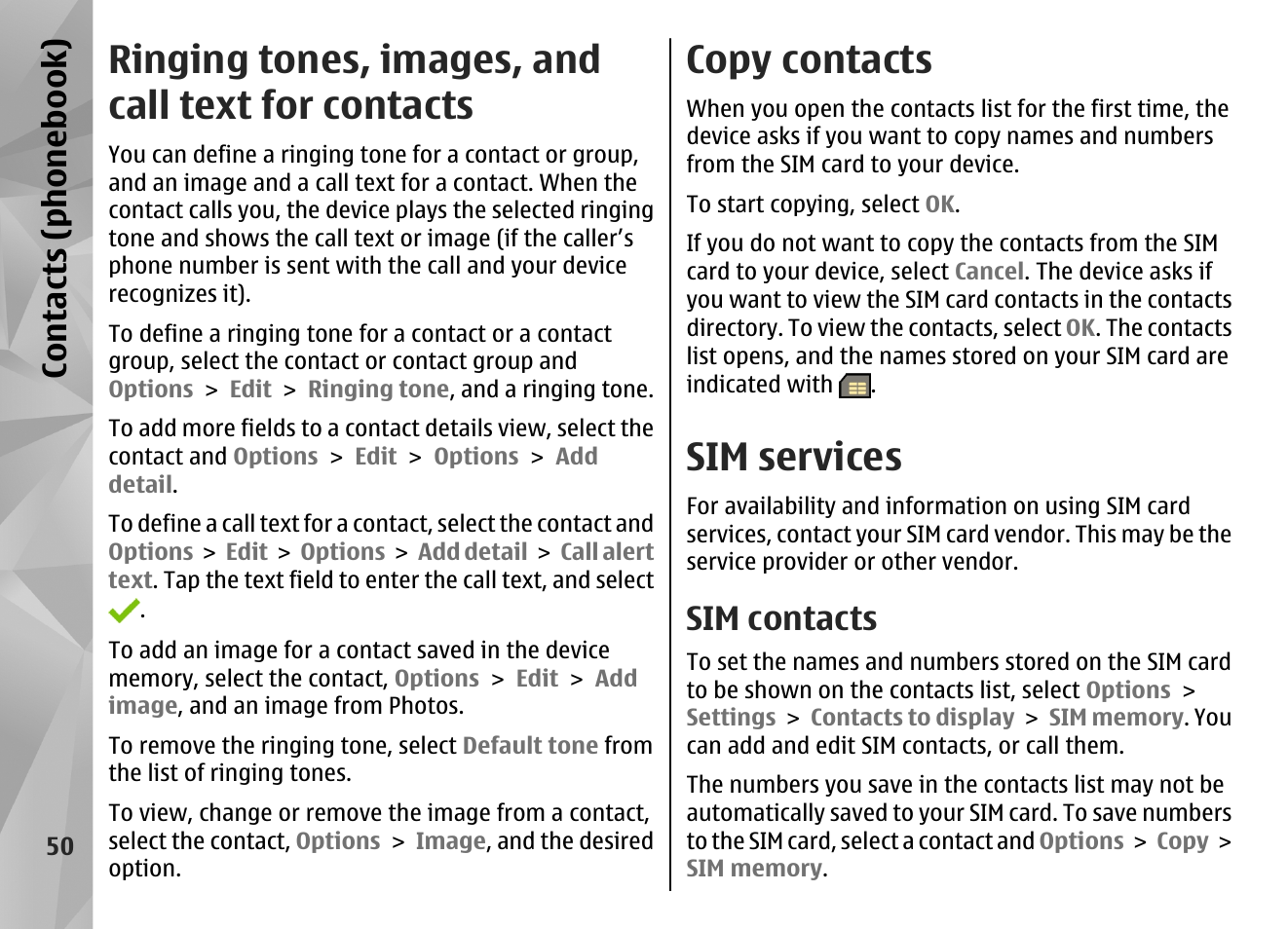 Ringing tones, images, and call text for contacts, Copy contacts, Sim services | Sim contacts, Contacts (phone boo k) | Nokia N97 User Manual | Page 50 / 357