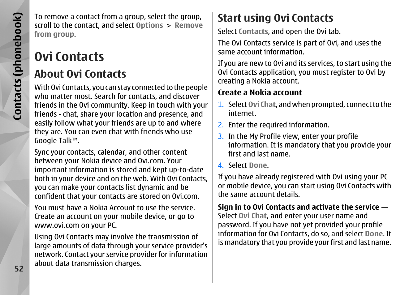 Ovi contacts, About ovi contacts, Start using ovi contacts | Contacts (phone boo k) | Nokia N97 User Manual | Page 52 / 357