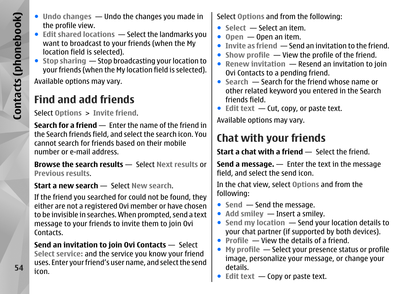 Find and add friends, Chat with your friends, Contacts (phone boo k) | Nokia N97 User Manual | Page 54 / 357