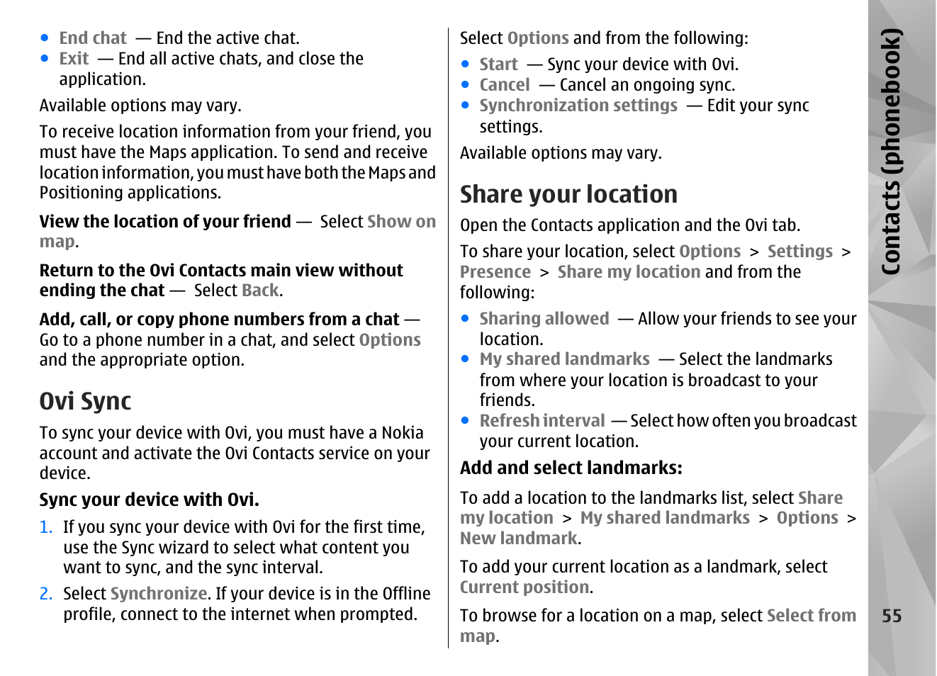 Ovi sync, Share your location, Contacts (phone boo k) | Nokia N97 User Manual | Page 55 / 357